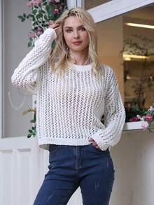 素色落肩袖網眼針織套頭毛衣 - 白色 - 查看 1