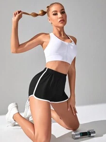 Yoga Trendy 拼接細邊純色運動短褲 - 黑色 - 查看 5