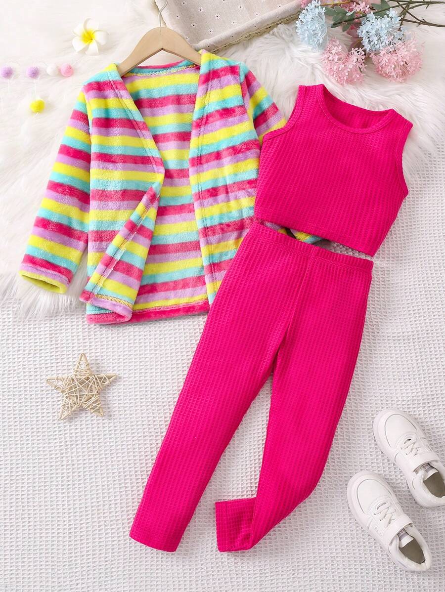 SHEIN 女小童背心上衣&緊身打底褲&彩虹條紋開門襟外套