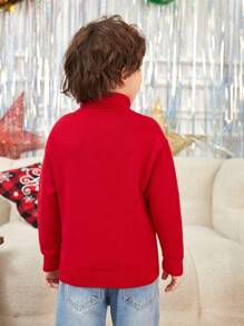 SHEIN Young Boy 1pc Christmas Tree & Slogan Pattern Turtle Neck Drop Shoulder Sweater,In Fall/Winter - Red - View 2