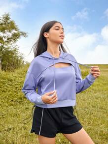 Easithlete Cut Out Front Drop Shoulder Drawstring Hooded Sports Sweatshirt - Purple - View 6