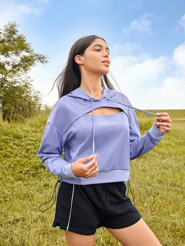 Cut Out Front Drop Shoulder Drawstring Hooded Sports Sweatshirt