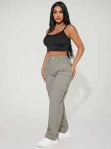 SHEIN PETITE 高腰側翻蓋口袋工裝牛仔褲 - 灰色 - 查看 5