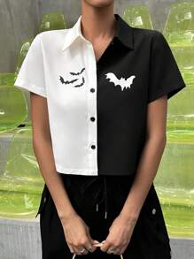 SHEIN Unity 萬聖節雙色蝙蝠圖案前紐扣襯衫 - 黑與白 - 查看 3