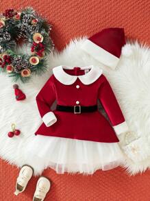 SHEIN 女嬰聖誕撞色領網眼下擺連身裙和帽子 - 彩色 - 查看 1