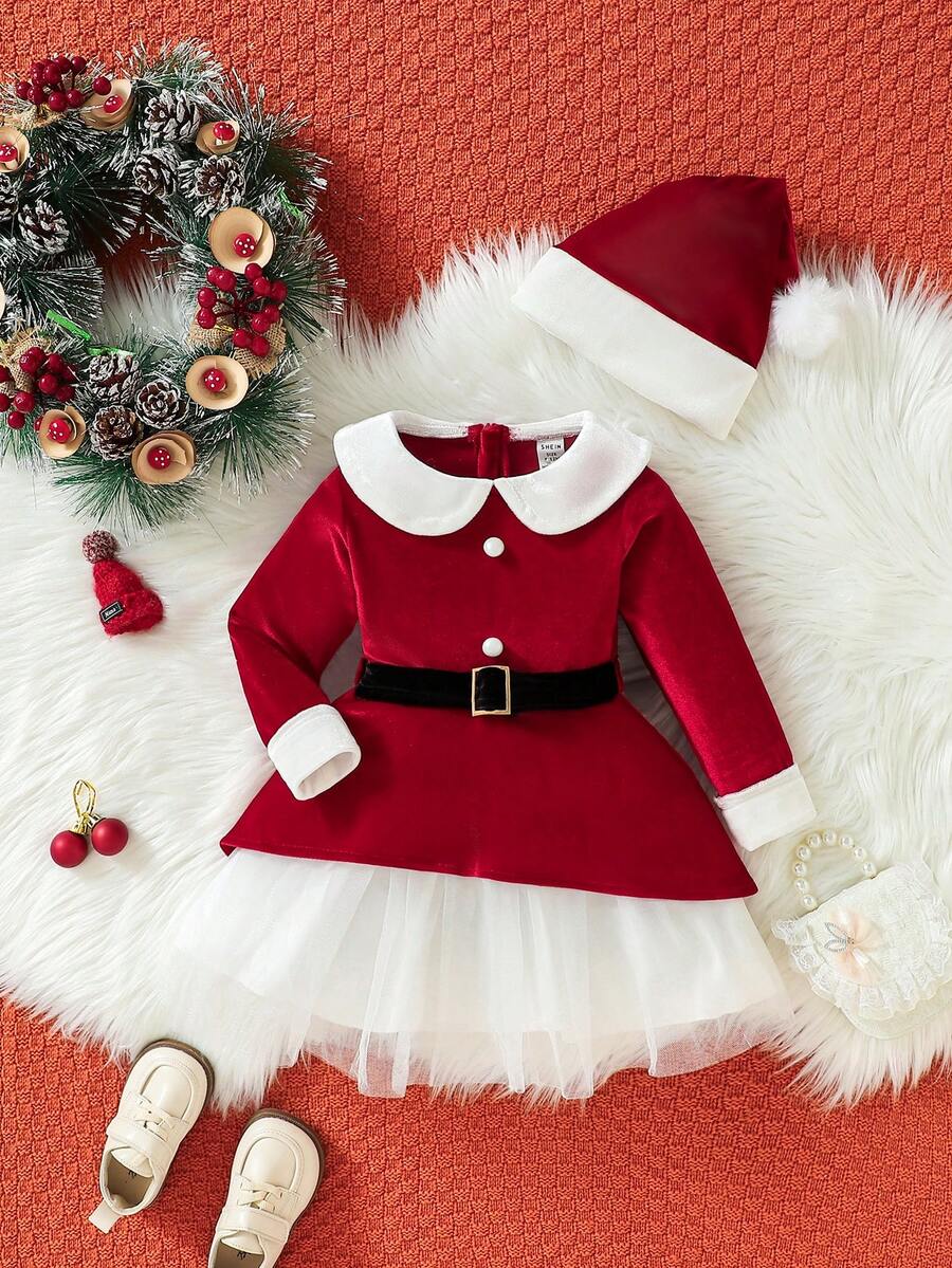 SHEIN 女嬰聖誕撞色領網眼下擺連身裙和帽子 - 彩色 - 查看 1