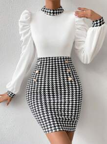 SHEIN Privé Houndstooth Print Gigot Sleeve Mock Neck Bodycon Dress - White - View 1