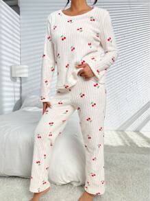 Cherry Print Tee & Pants PJ Set / Pajama Set White Set - White - View 5