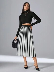 SHEIN Privé Striped Print High Waist Skirt - Black and White - View 6