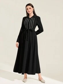 Mulvari Contrast Trim Self Belted Shirt Dress Modest Long Sleeve Dress