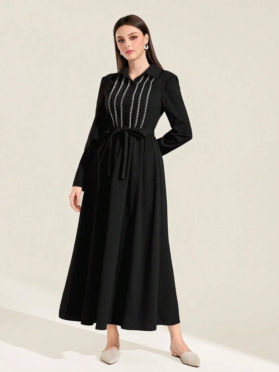 Mulvari Contrast Trim Self Belted Shirt Dress Modest Long Sleeve Dress