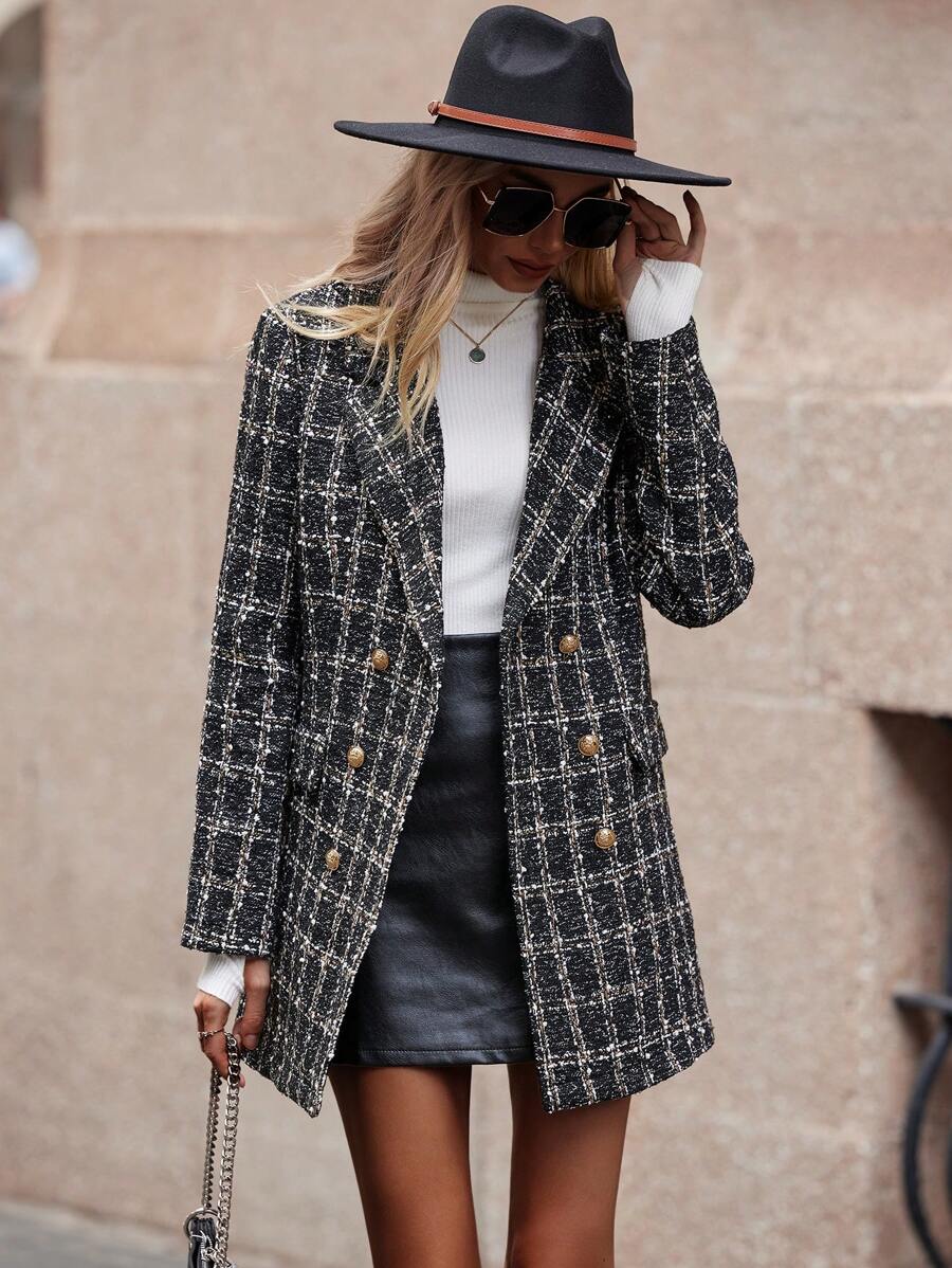 SHEIN Clasi Plaid Pattern Double Breasted Overcoat - Black - View 1