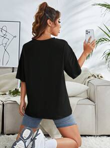 SHEIN EZwear 標語圖案落肩T恤 - 黑色 - 查看 5