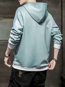 Men Letter Graphic Kangaroo Pocket Drawstring Hoodie - Baby Blue - View 2