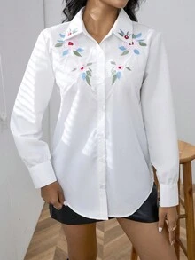 SHEIN Privé 休閒刺綉 前紐扣花卉印花女士襯衫 - 白色 - 查看 6