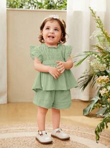 Cozy Pixies Baby Girl Ruffle Trim Peplum Top & Shorts - Mint Green - View 7