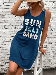 SHEIN VCAY Summer Tree & Letter Graphic Tank Dress - Navy Blue - View 6