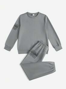 SHEIN 男大童1入組字母圖案運動衫&1入組衛褲 - 灰色 - 查看 1