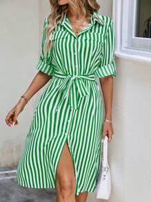 SHEIN Frenchy Striped Print Belted Shirt Dress - Green - View 6