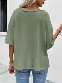 SHEIN LUNE Solid Drop Shoulder Waffle Knit Tee - Green - View 2