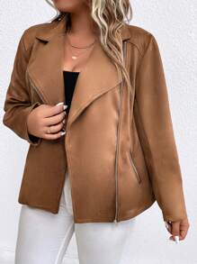 SHEIN Unity Plus Lapel Neck Zip Up Jacket - Khaki - View 3