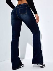 Jeanoix Slant Pocket Flare Leg Jeans Y2k - Dark Wash - View 3