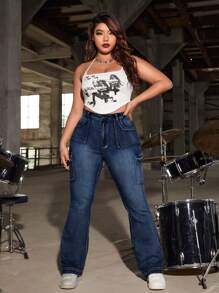 SHEIN ICON Plus Flap Pocket Side Cargo Flare Jeans - Dark Wash - View 4