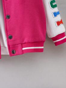 SHEIN Cô Gái Trẻ Đồ họa Chữ cái Sọc trang trí Áo khoác Đại học Không có áo Hoodie - Màu Hồng Tươi - Xem 7