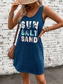 SHEIN VCAY Summer Tree & Letter Graphic Tank Dress - Navy Blue - View 4