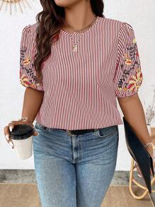 SHEIN Holidaya Plus Striped & Floral Embroidery Puff Sleeve Blouse - Red - View 1