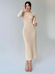 SHEIN Essnce 素色條紋針織露背繫帶毛衣洋裝 - 杏色 - 查看 1