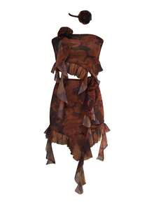 con estampado floral bajo con fruncido Top bandeau & ribete con fruncido Falda - Multicolor - Ver 4