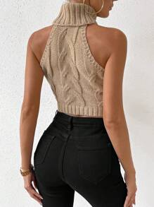 Chiquease Turtleneck Cable Knit Crop Knit Top - Khaki - View 4