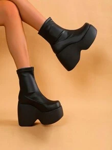 春秋女士粗跟短靴,pu皮革鞋面,具彈性 - 黑色 - 查看 4