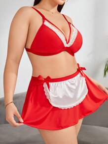 Plus Lace Trim Maid Costume Set - Red - View 5