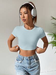 SHEIN EZwear Solid Ribbed Knit Crop Tee - Baby Blue - View 4