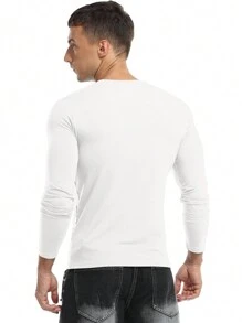 Men Round Neck Solid Half Button Long Sleeve Tee - Beige - View 2