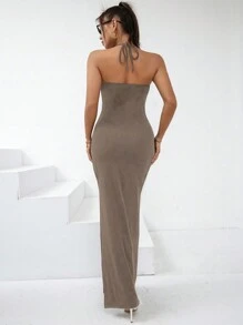 SHEIN Unity 後背繫帶高衩掛脖洋裝 - 卡其色 - 查看 2