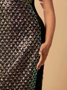 SHEIN SXY Plus Fish Scales Fringe Hem Halter Dress - Black - View 5