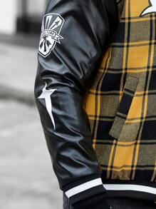 Manfinity LEGND Men Plaid & Letter Graphic Striped Trim Varsity Jacket - Yellow - View 8