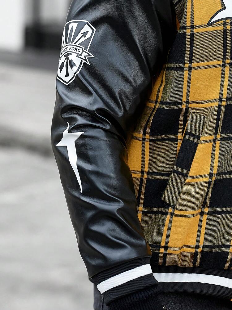 Men Plaid & Letter Graphic Striped Trim Varsity Jacket
