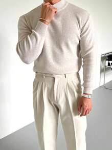 男士纯色长袖休闲高领毛衣，秋冬 - 米色 - 查看 3