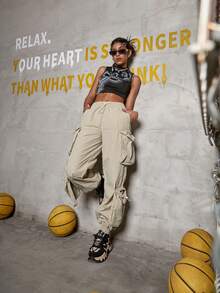 側翻蓋口袋腰部抽繩工裝降落傘褲 - 卡其色 - 查看 5