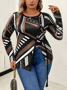 SHEIN LUNE Hơn In sọc Chi tiết Nút Viền không đối xứng Áo thun - Màu Khaki - Xem 1