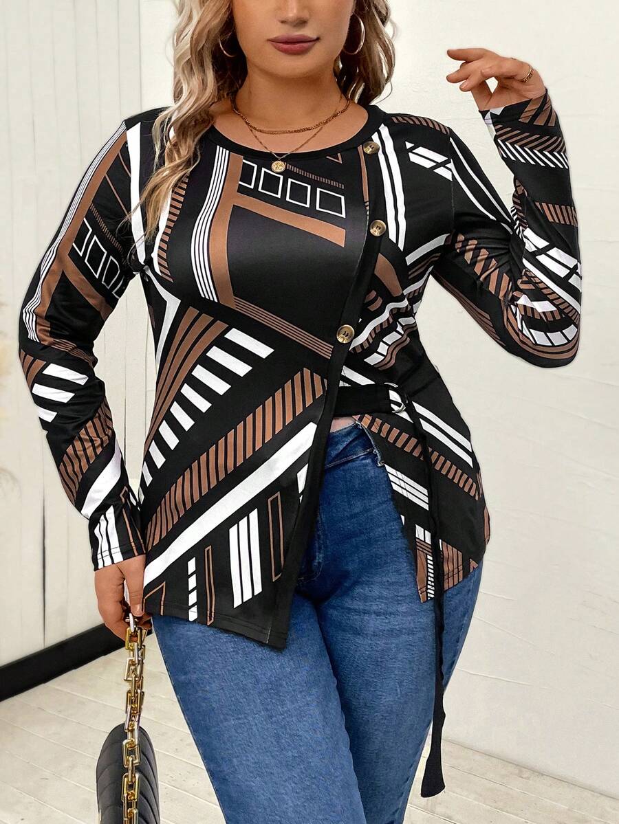 SHEIN LUNE Hơn In sọc Chi tiết Nút Viền không đối xứng Áo thun - Màu Khaki - Xem 1