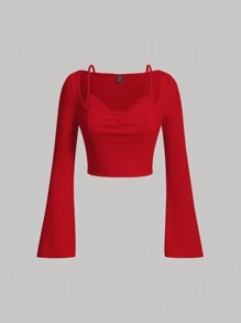 SHEIN MOD Camiseta crop unicolor ribete con encaje - Rojo - Ver 1