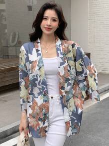 DAZY Floral Print Drop Shoulder Open Front Blouse - Dusty Blue - View 1
