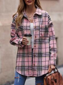 SHEIN LUNE 格紋印花落肩袖弧形下擺外套