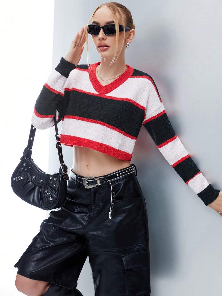 Colorblock Drop Shoulder Crop Knit Pullover Fall Winter Sweater