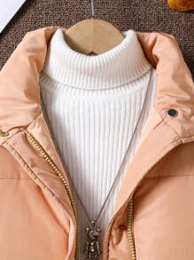 SHEIN Tween Girl 1pc Zipper Front Padded Coat - Khaki - View 4